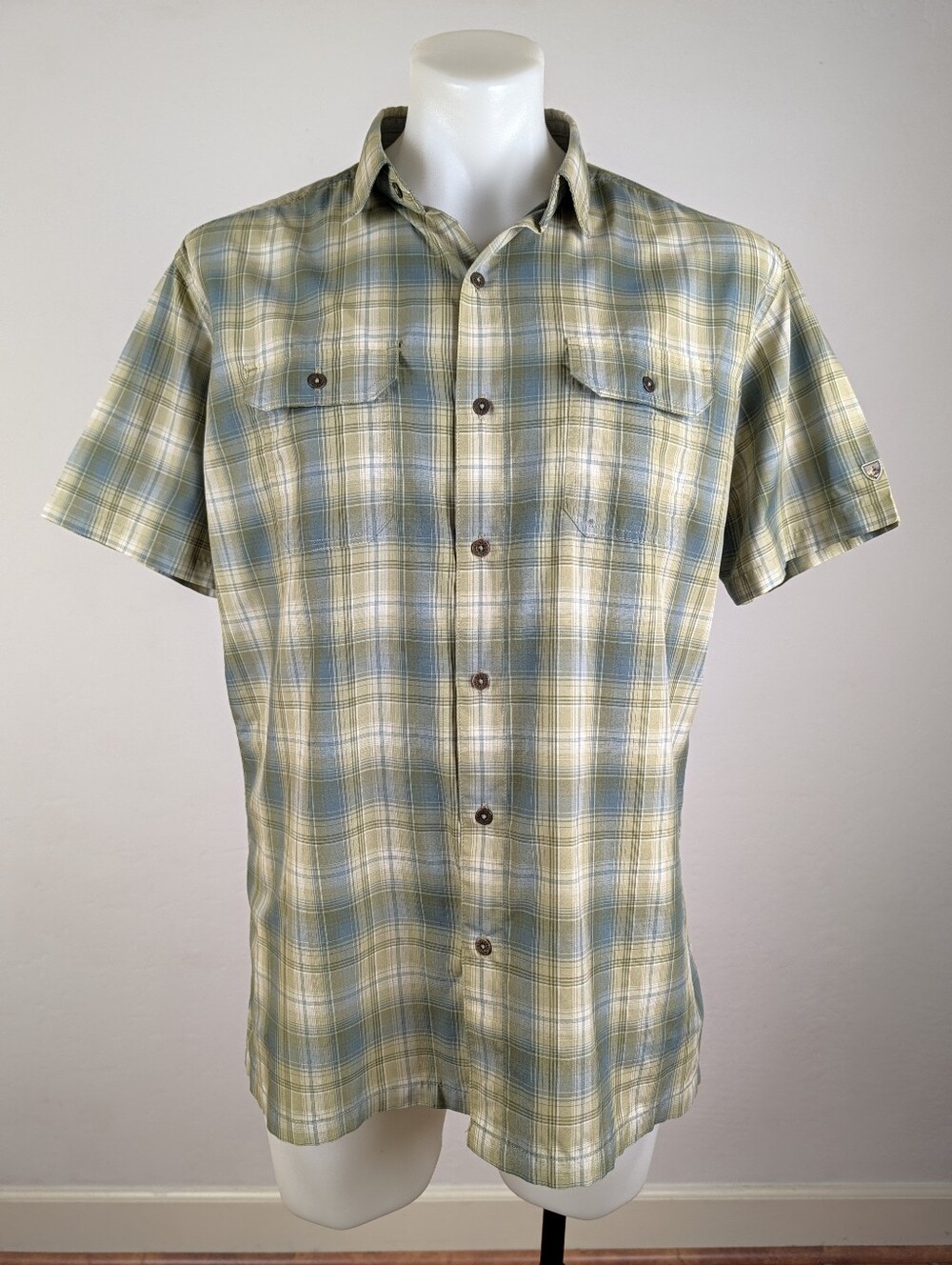 Kuhl Men's Short-Sleeve Plaid Button-Down Shirt in Sage Green and Light Blue